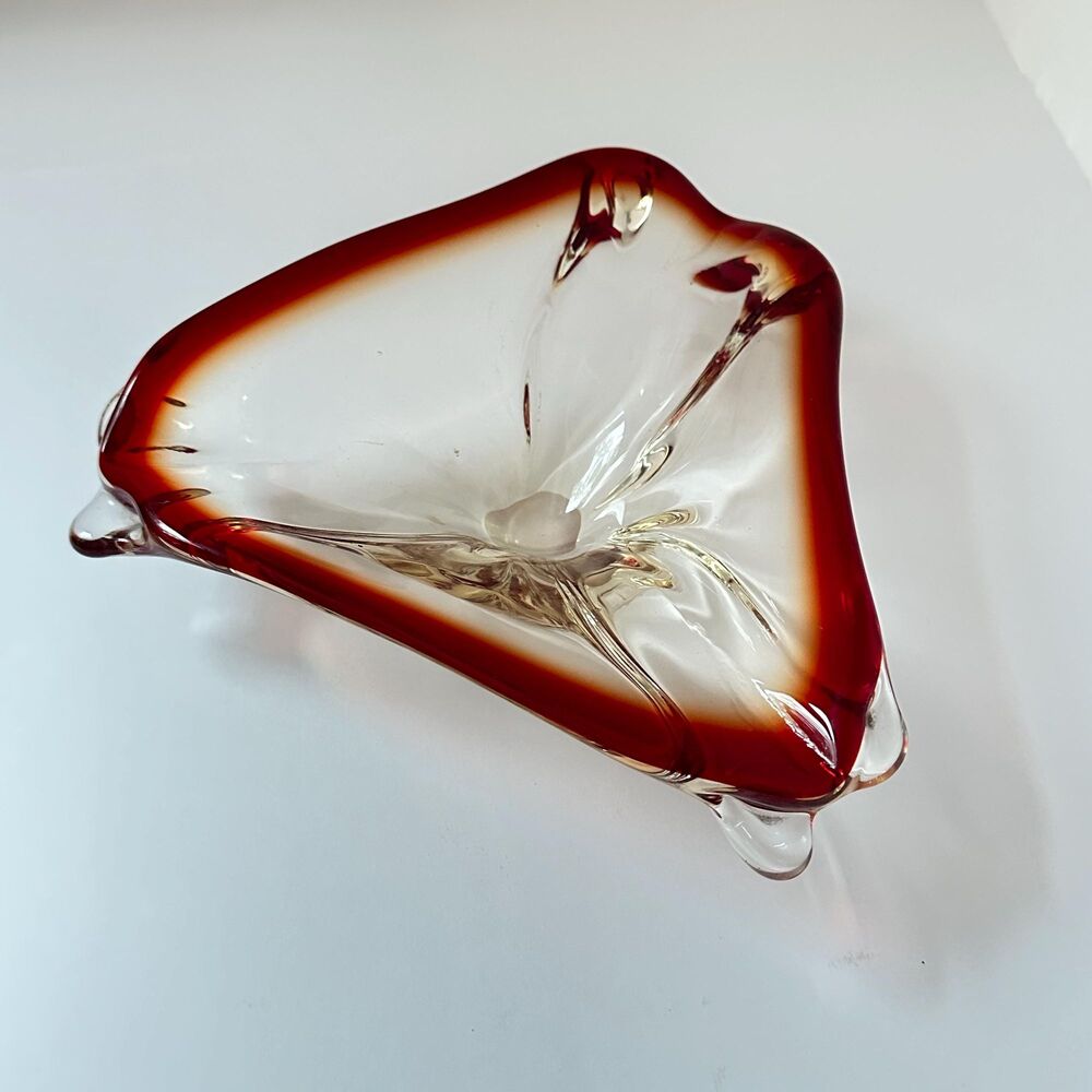 Vtg Heavy Art Glass Tricorn Centerpiece Bowl Red Clear 10.5” Mid Century Modern